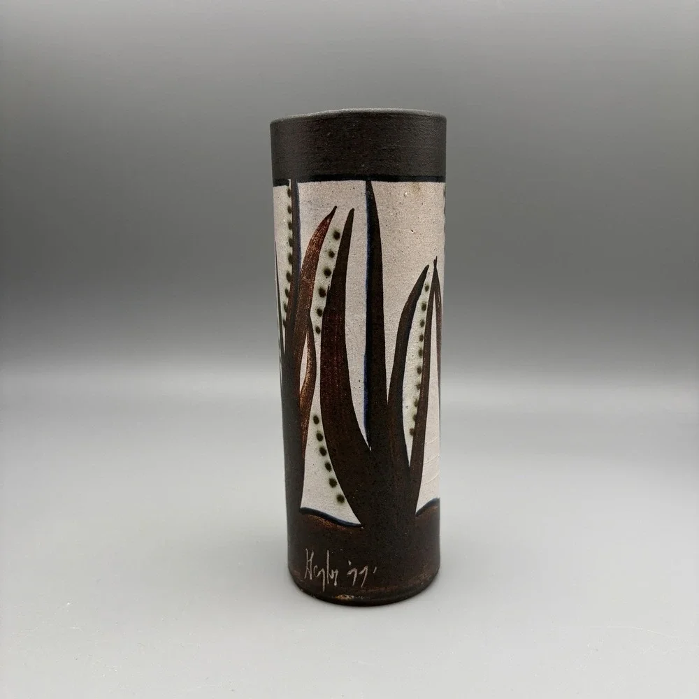 Vintage Scandinavian Vase Signed Leaves MCM Brown White 5.75
